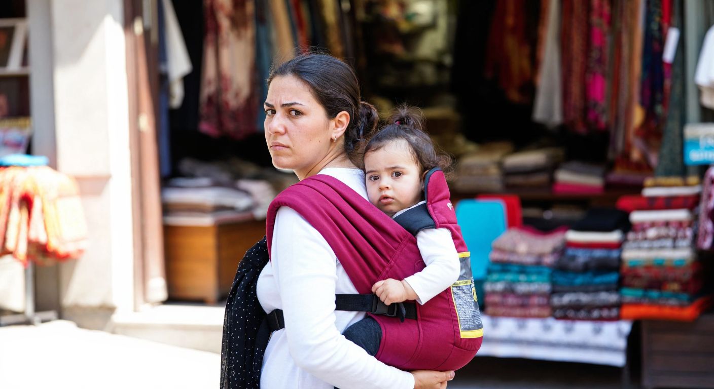A concerned Turkish mother holding a recalled baby carrier (kanguru) with a safety hazard label, standing in a bustling Istanbul market with vendors and colorful textiles in the background.