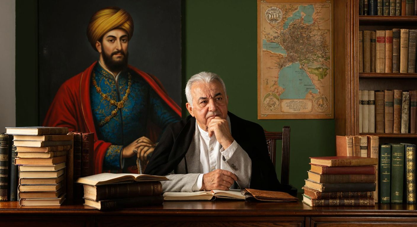 An elderly Turkish historian with a thoughtful expression sits at a wooden desk surrounded by stacks of well-worn books, with a portrait of Fatih Sultan Mehmet and a map of the Ottoman Empire faintly visible in the background.