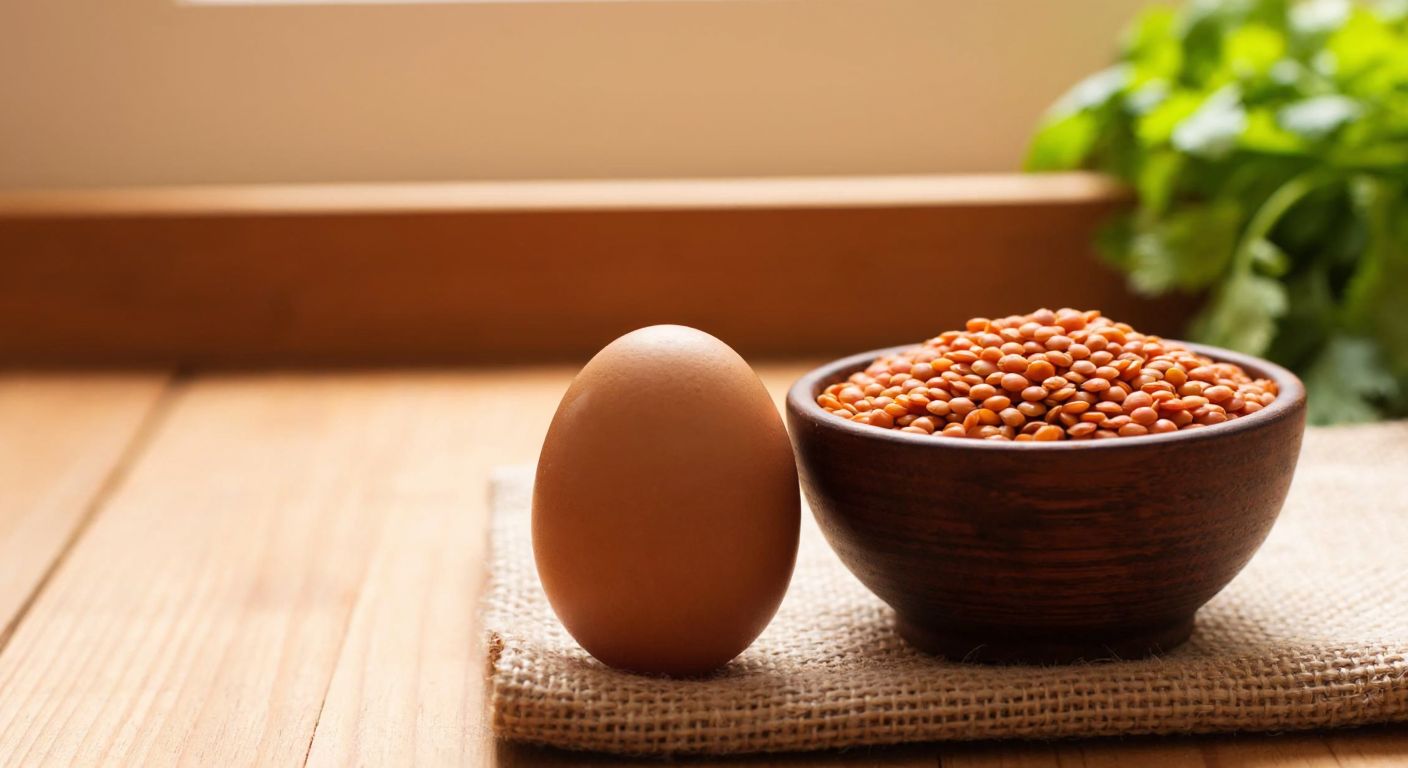 A fresh brown egg resting on a woven basket next to a small bowl of red lentils, with a rustic wooden table and a sunny kitchen backdrop.