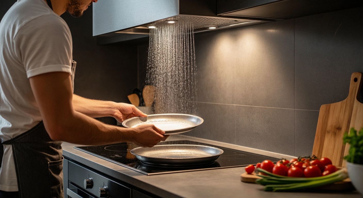A Turkish kitchen with a stainless steel Beko range hood, where a person in an apron is carefully removing a greasy metal filter under warm soapy water, while a fresh carbon filter sits on the counter nearby.