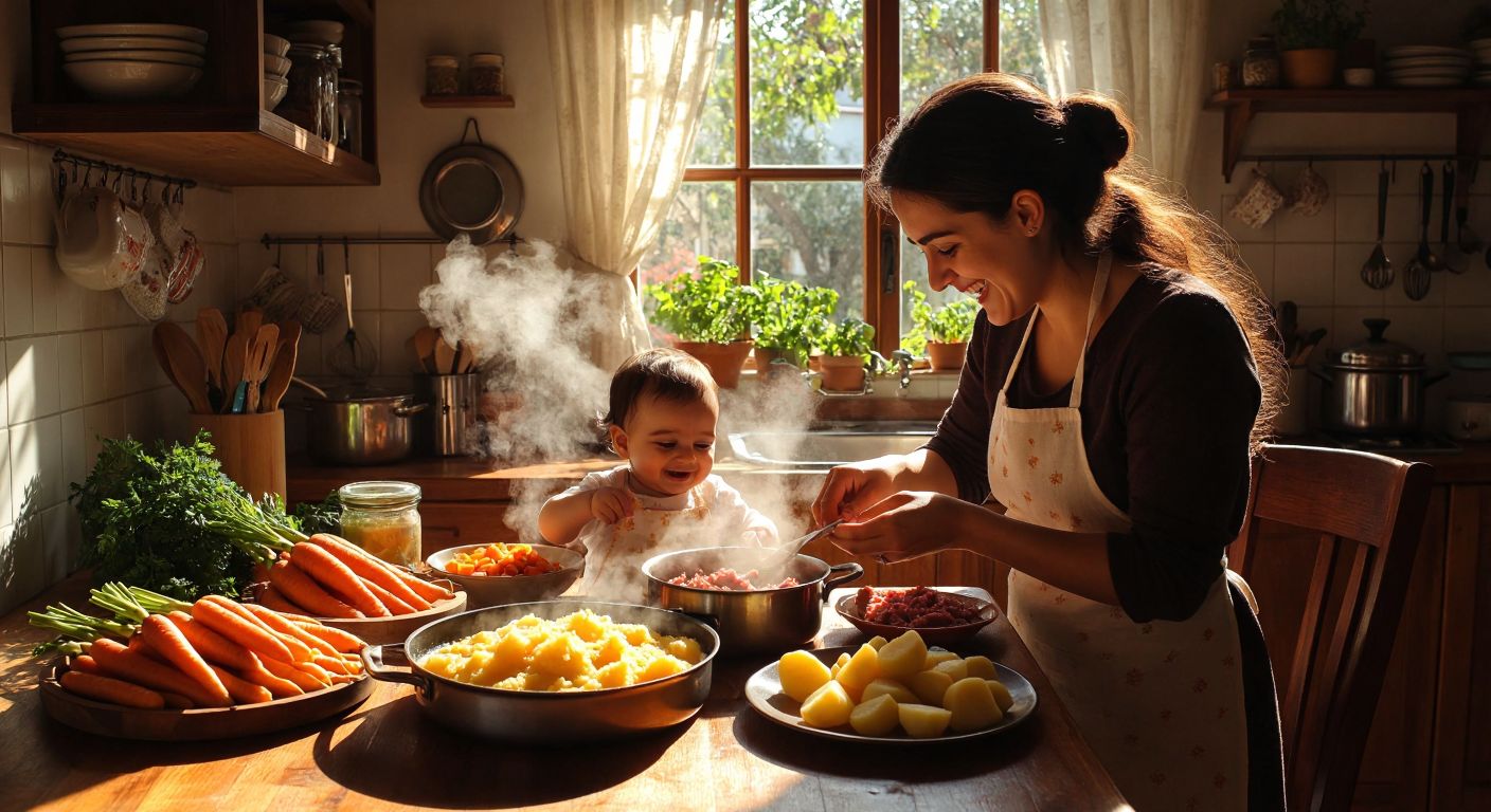 A warm, sunlit Turkish kitchen with a wooden table holding freshly chopped carrots, potatoes, and minced meat next to a small pot of steaming vegetable puree, while a smiling mother gently feeds a giggling 7-month-old baby from a tiny spoon.