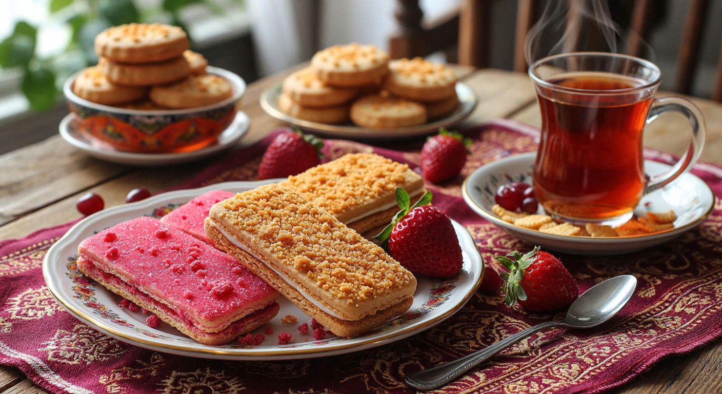 A vibrant Turkish breakfast table with two open Eti Cin biscuit packages—one strawberry-flavored with pink-hued crumbs and the other orange-flavored with golden crumbs—placed beside a steaming glass of çay, evoking a moment of indecision between sweet, fruity choices.