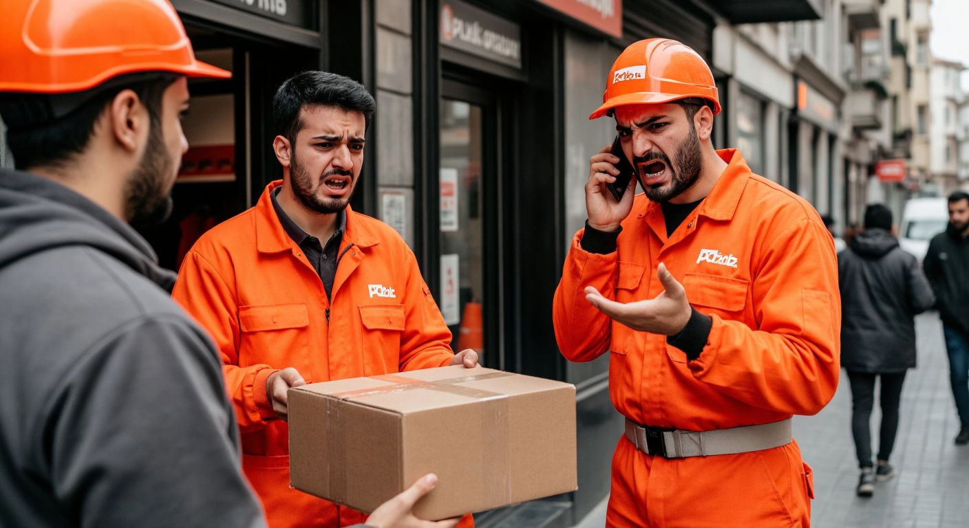 A frustrated customer in Istanbul frowns at a damaged package delivered by a courier in a bright orange Pozitif Kargo uniform, while another customer nearby gestures angrily on the phone.