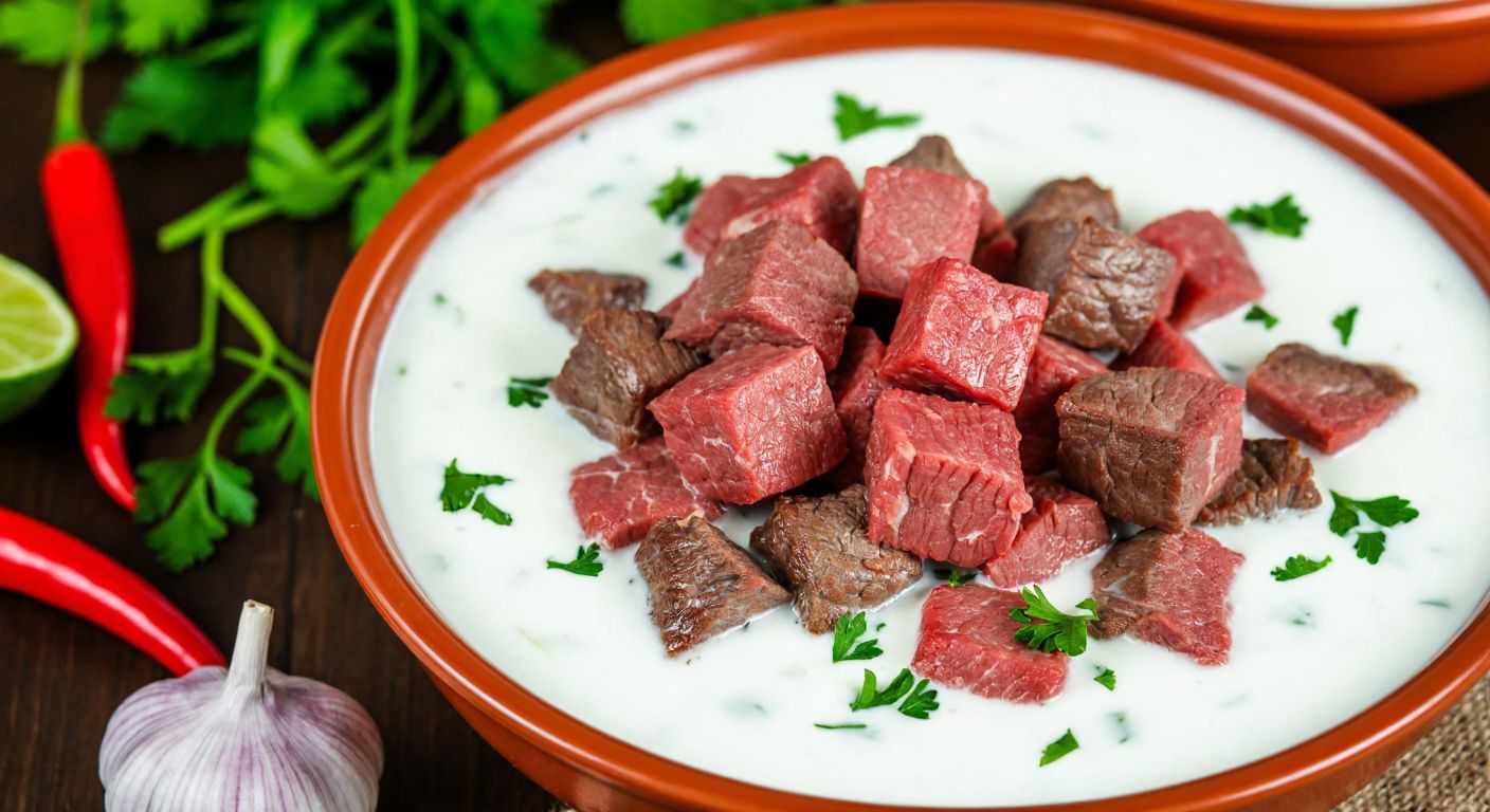 A close-up of tender cubes of meat (kuşbaşı) marinating in a creamy mixture of milk and yogurt, surrounded by fresh herbs and spices in a traditional Turkish kitchen.