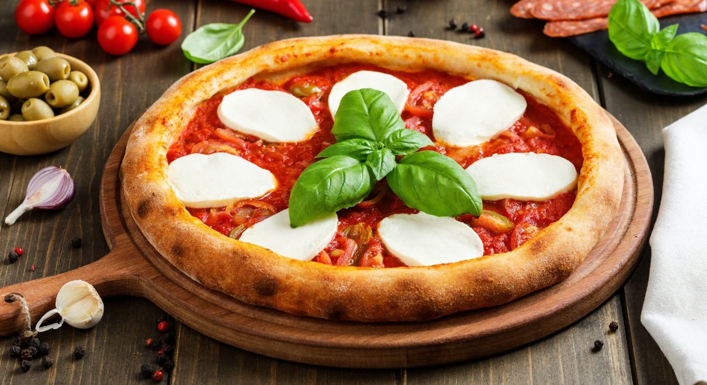 A rustic wooden table in a Turkish kitchen holds a golden-brown pizza made with bread dough, topped with vibrant slices of mozzarella, fresh basil leaves, and juicy tomato sauce, surrounded by scattered ingredients like olives, peppers, and sucuk.