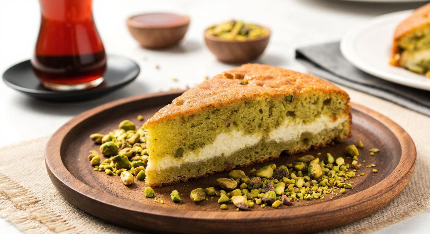 A golden-brown slice of pistachio cream protein cake on a rustic wooden plate, surrounded by crushed pistachios, with a warm Turkish tea glass in the background.