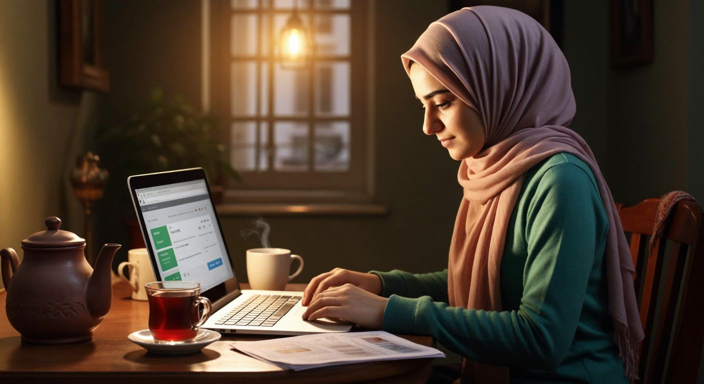 A Turkish woman in a cozy home setting, wearing a headscarf, confidently typing on a laptop with a cup of çay beside her, while a MEDAŞ electricity bill lies on the table.