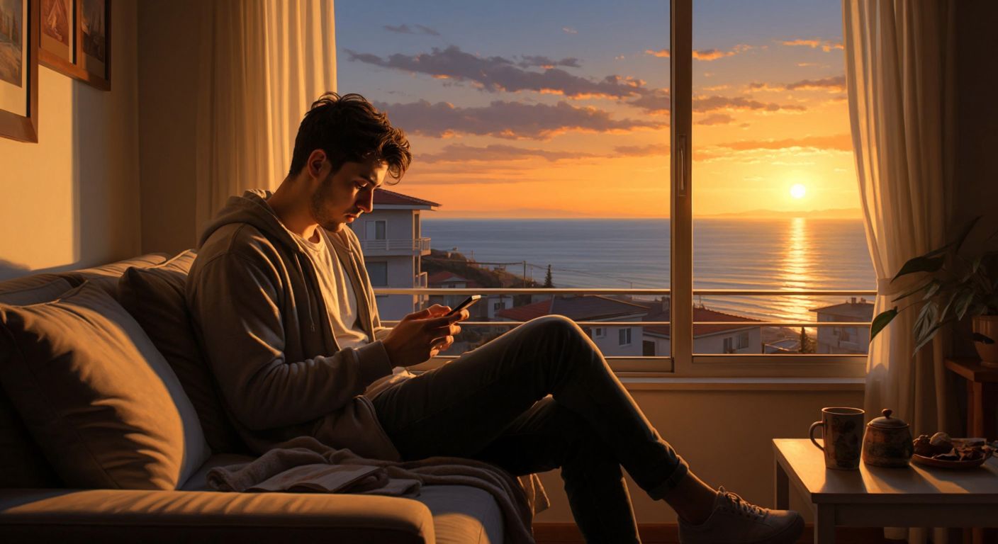A young adult in Samsun Atakum scrolls through a phone with hopeful curiosity while sitting in a cozy, sunlit apartment overlooking the Black Sea.