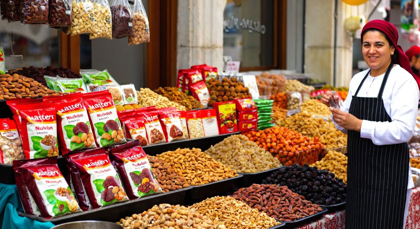 A vibrant Turkish marketplace stall overflowing with colorful bags of Master Nut snacks, surrounded by fresh nuts and dried fruits, with a smiling vendor in a traditional apron holding a sample.