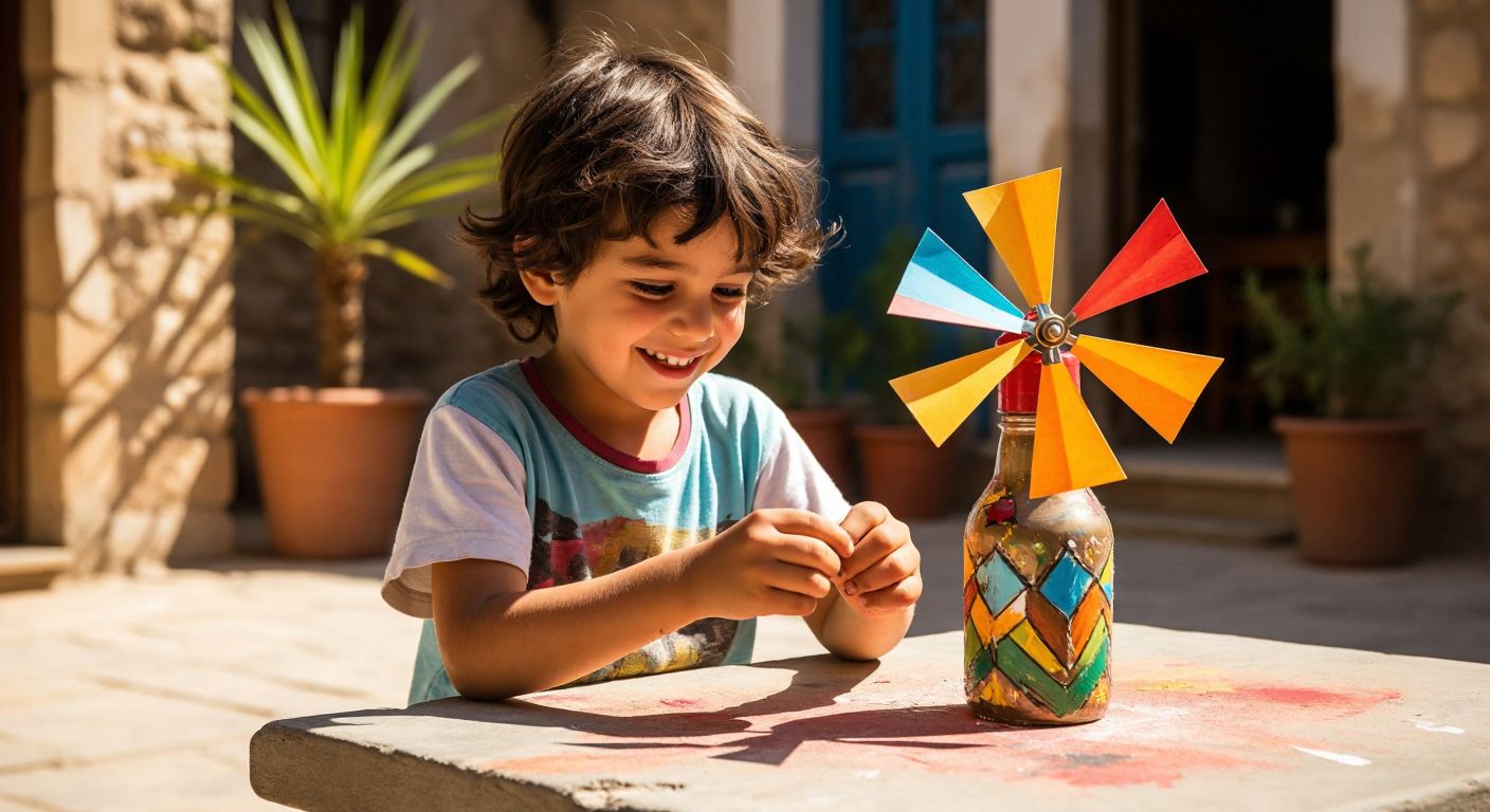 A smiling child in a sunlit Turkish courtyard carefully glues colorful cardboard triangles onto a painted plastic bottle, crafting a miniature windmill with a wooden stick base.
