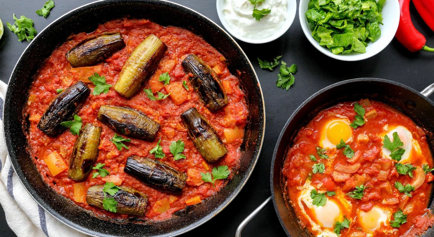 A vibrant Turkish kitchen scene with golden-fried eggplants, finely chopped peppers, and a sizzling pan of sautéed vegetables in a rich tomato sauce, garnished with fresh herbs and a dollop of creamy yogurt on the side.
