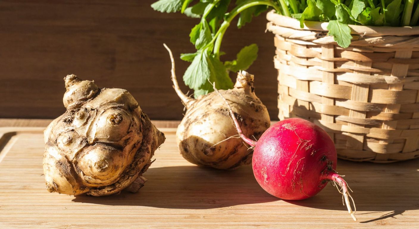A rustic wooden table in a sunlit Turkish kitchen holds a freshly harvested yer elması (Jerusalem artichoke) next to a bright red radish, their earthy textures and vibrant colors contrasting against a woven basket of fresh herbs.