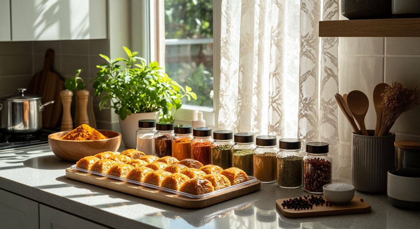 A neatly organized Turkish kitchen countertop with fresh baklava in a sealed aluminum ziplock bag, colorful spices in similar bags, and small cosmetic bottles stored securely in another, all under warm sunlight filtering through a lace curtain.