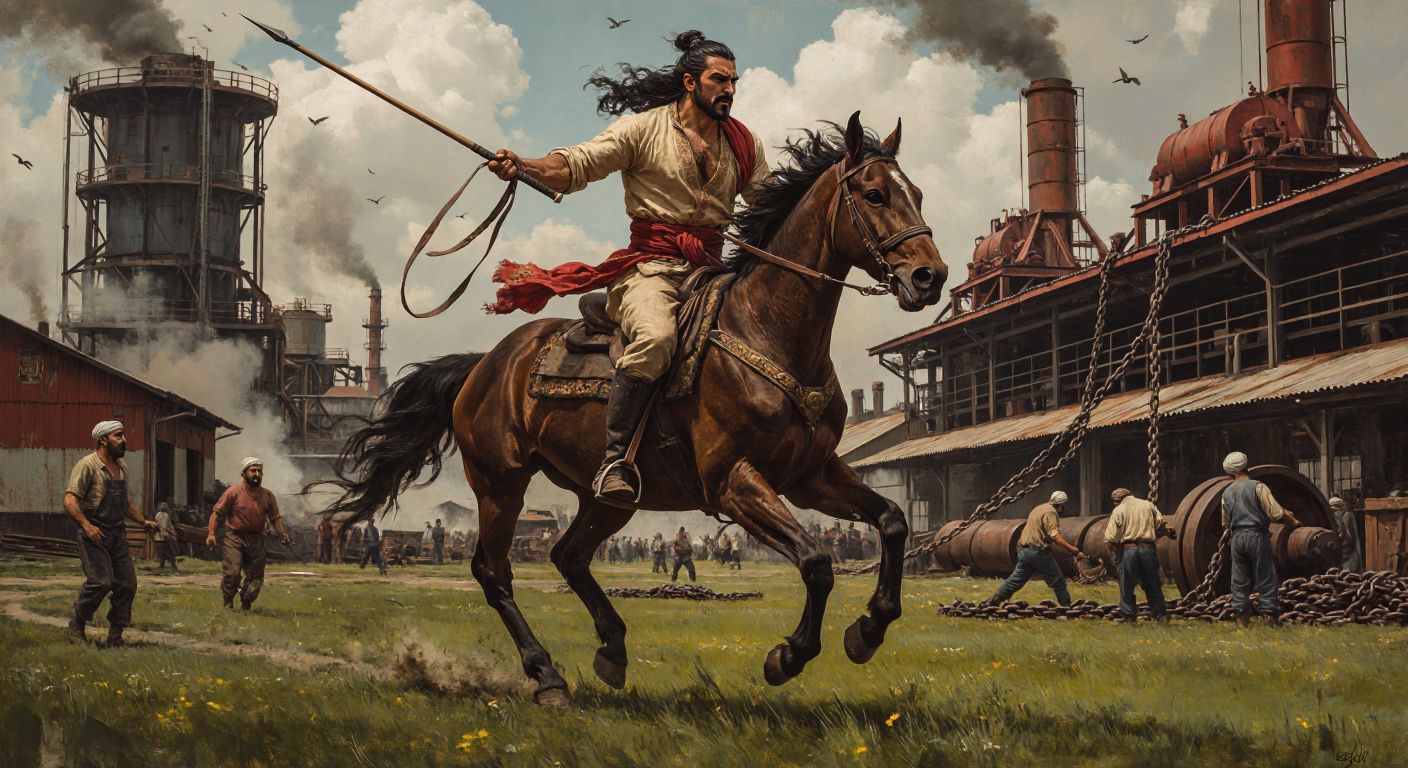 A muscular rider in traditional Turkish attire gallops on a spirited horse across a grassy field, gripping a long javelin with focused determination, while industrial workers in a factory assemble heavy metal chains in the background.