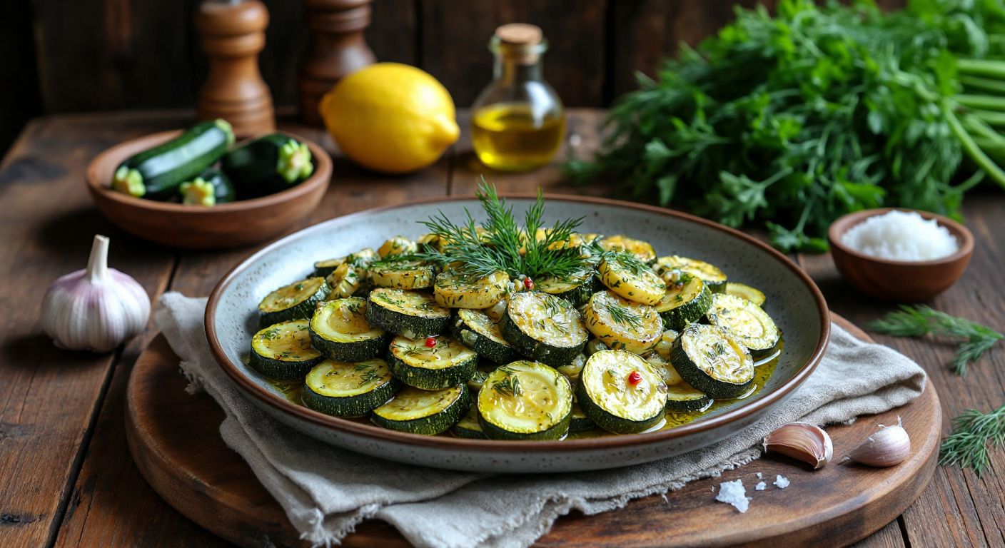 A rustic wooden table in a sunlit Turkish kitchen holds a vibrant plate of garlicky zucchini meze, drizzled with golden olive oil and garnished with fresh dill, surrounded by scattered ingredients like miniature zucchinis, a halved lemon, and a mortar of crushed garlic.