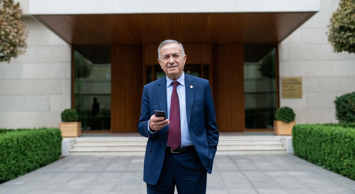 A distinguished elderly Turkish man in a formal suit stands confidently in front of the Vehbi Koç Foundation's grand, modern building in Beşiktaş, Istanbul, holding a smartphone while gesturing warmly toward the entrance.
