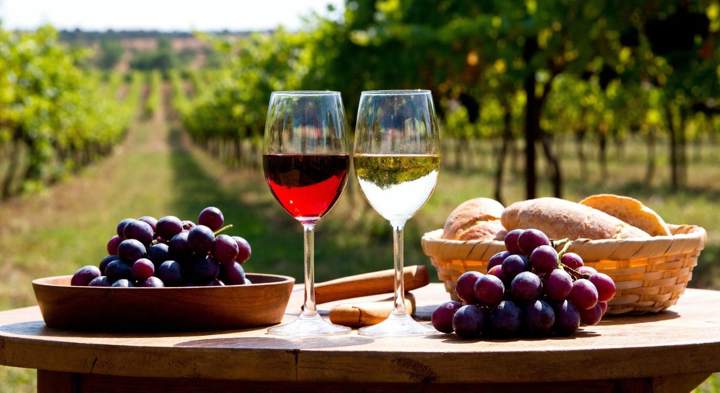 A rustic wooden table in a sunlit Turkish vineyard holds two glasses—one filled with deep red Barok wine, the other with golden white wine, beside a bowl of ripe purple grapes and a basket of fresh bread.