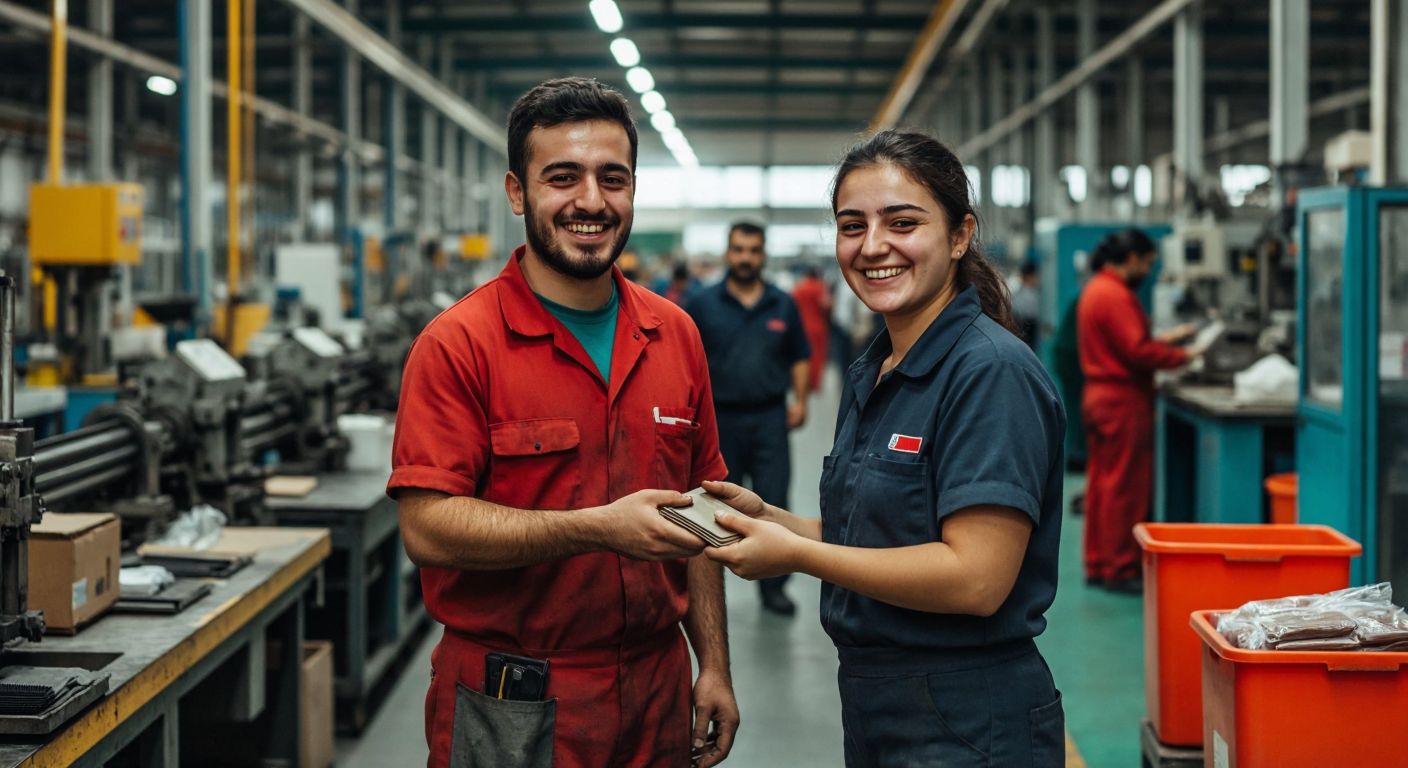 A uniformed worker in a bustling Turkish factory smiles warmly while handing a forgotten wallet to a grateful colleague amid organized chaos of machinery and cleaning staff.