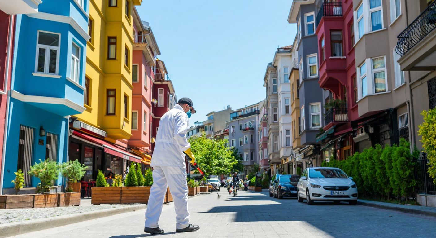 A professional pest control worker in a white uniform sprays insecticide in a sunny Kadıköy neighborhood, with colorful apartment buildings and a bustling street market in the background.