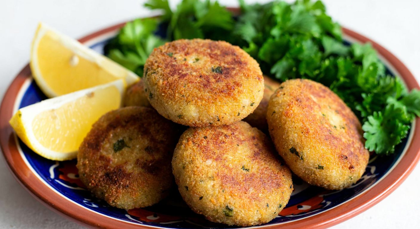 A close-up of golden-brown köfte made with fine bulgur, resting on a traditional Turkish ceramic plate beside fresh parsley and lemon wedges, evoking warmth and homely comfort.