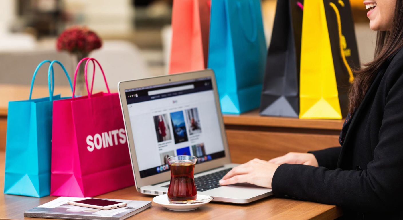 A person in Turkey excitedly browsing discount websites on a laptop, surrounded by colorful shopping bags and a steaming cup of Turkish tea.