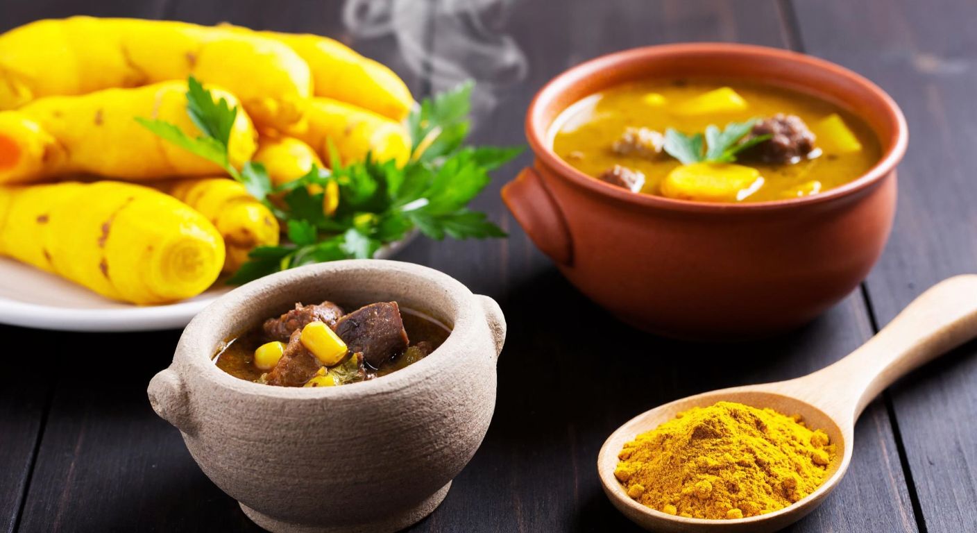 A vibrant yellow turmeric root rests on a wooden table beside a steaming bowl of traditional Iğdır bozbaş stew, with a mortar and pestle filled with golden powder nearby, evoking warmth and natural healing.