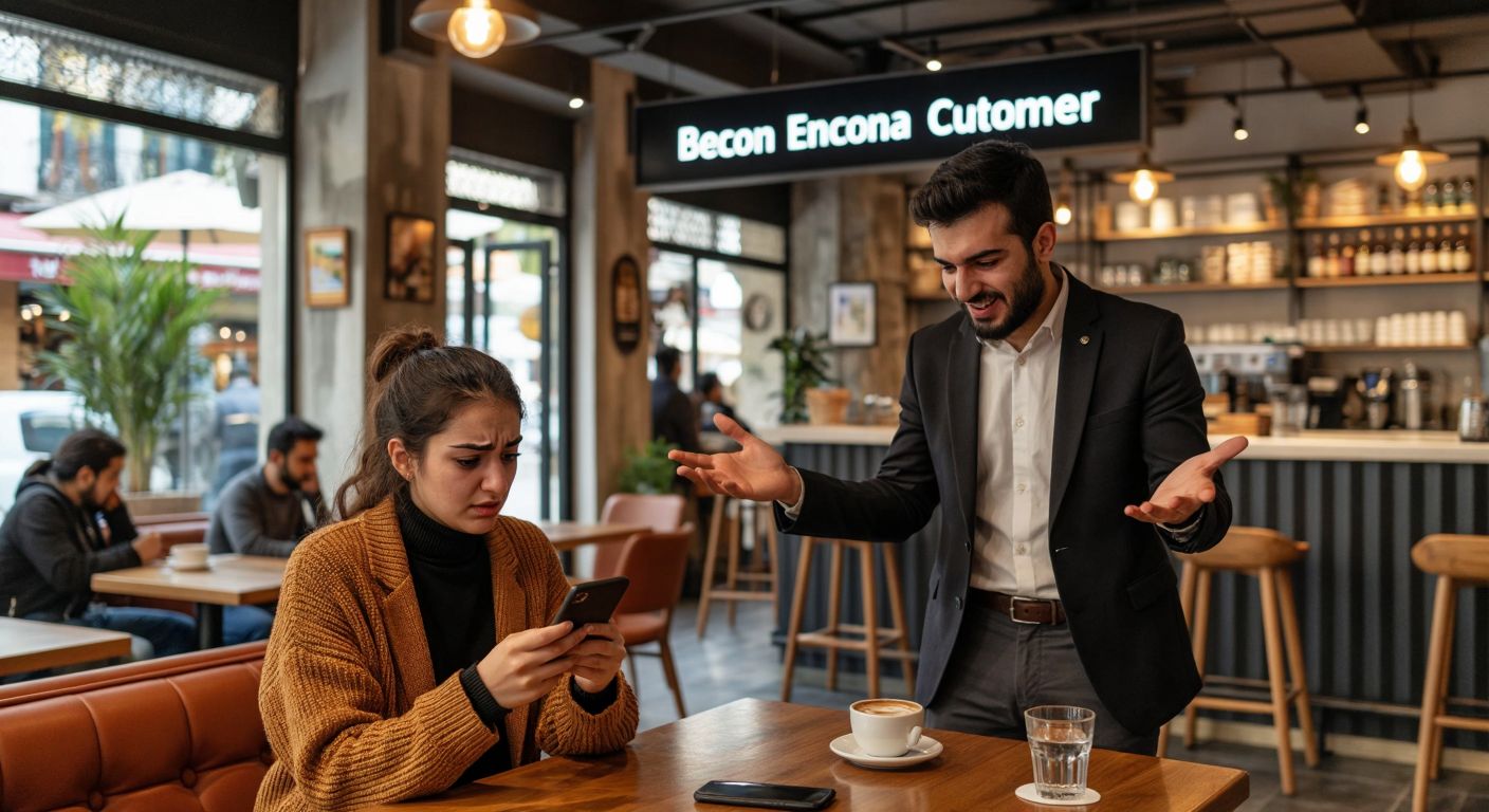 A frustrated person in a modern Turkish café stares at a locked digital banking app on their phone, while a cheerful bank employee in a crisp uniform gestures toward a "Become an Enpara Customer" sign.