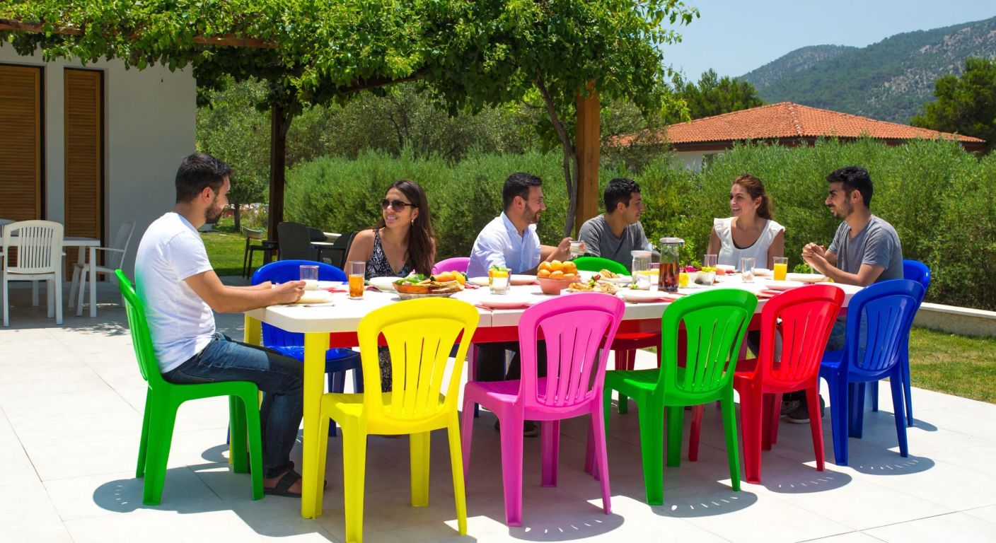 A sturdy plastic banquet table set outdoors in Turkey, surrounded by colorful chairs, with a group of people chatting and enjoying a meal under a warm sun.
