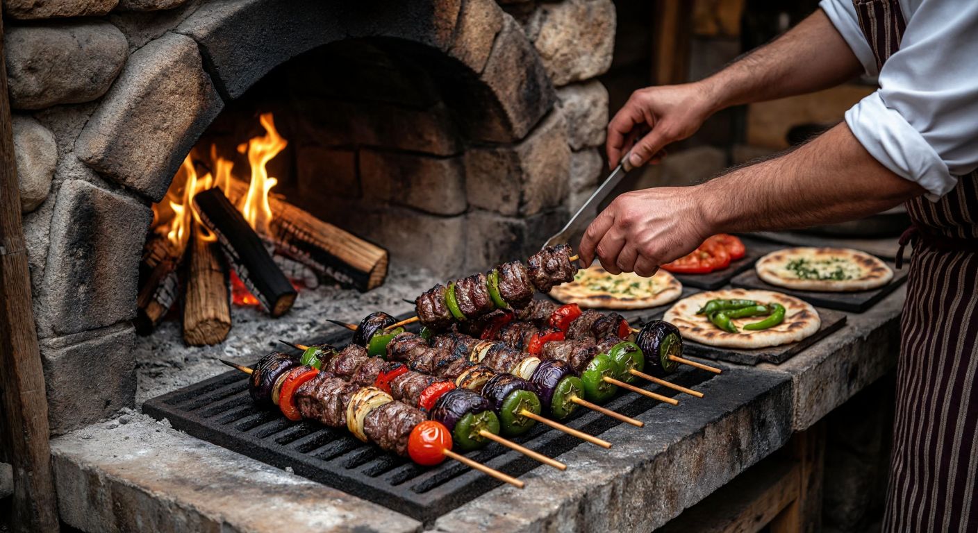 A rustic stone oven with skewers of marinated lamb and seasonal vegetables like eggplant, tomatoes, and green peppers roasting over a crackling wood fire, while a cook in a traditional apron carefully arranges the kebabs on freshly baked flatbreads.