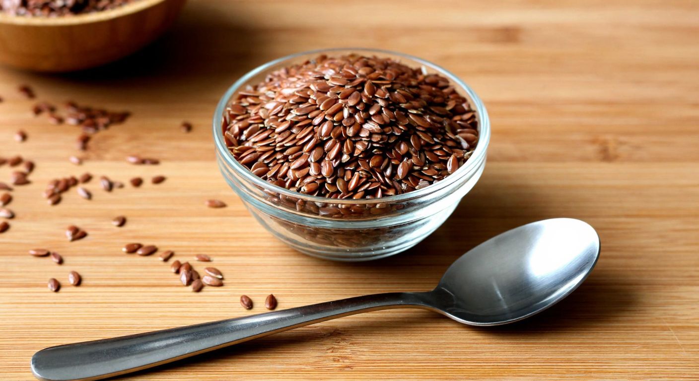 A wooden kitchen counter in Turkey holds a small glass bowl filled with golden-brown flaxseeds, surrounded by scattered seeds and a stainless steel tablespoon resting beside it.