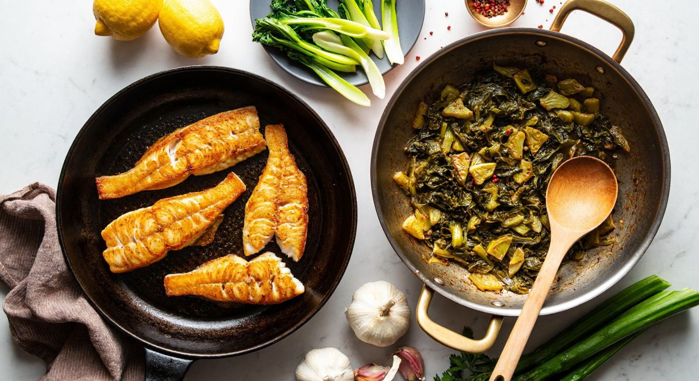 A rustic Turkish kitchen with a sizzling pan of golden-brown sea bass fillets and a bubbling pot of sautéed şevketi bostan greens, surrounded by fresh ingredients like lemons, onions, and garlic, evoking warmth and traditional cooking.