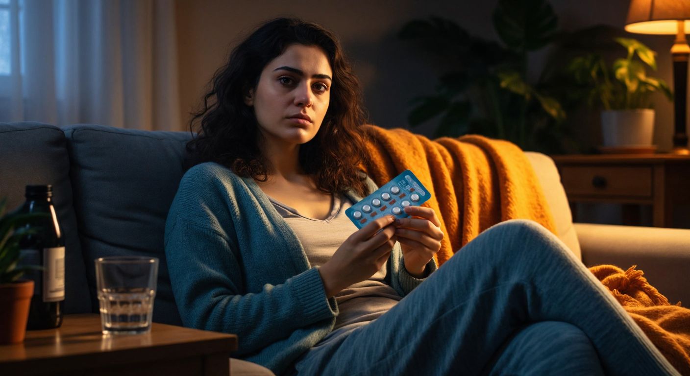 A concerned Turkish woman in a cozy home setting holds a blister pack of MultiCold tablets while resting on a couch with a warm blanket, a glass of water on the table nearby.