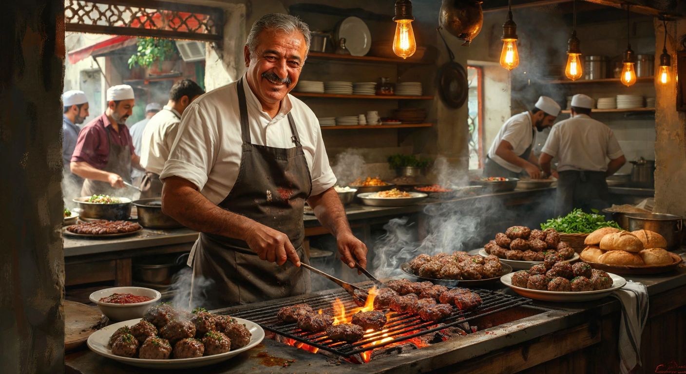 A bustling Turkish köfte restaurant with a smiling, middle-aged man in an apron grilling köfte over a charcoal fire, surrounded by steaming plates of meatballs and fresh bread.