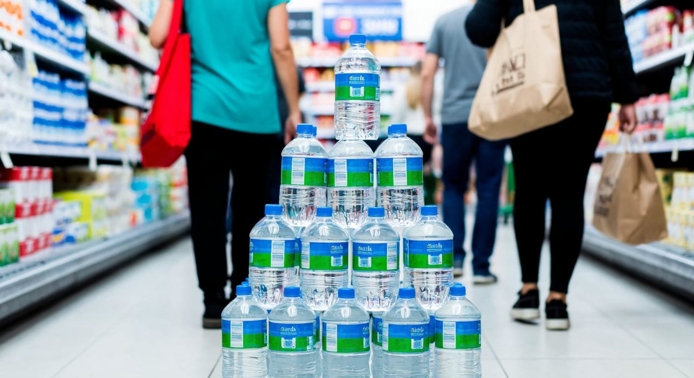 A neatly stacked pyramid of 5-liter water bottles with blue and green labels in a BİM supermarket aisle, surrounded by shoppers in casual attire carrying reusable bags.