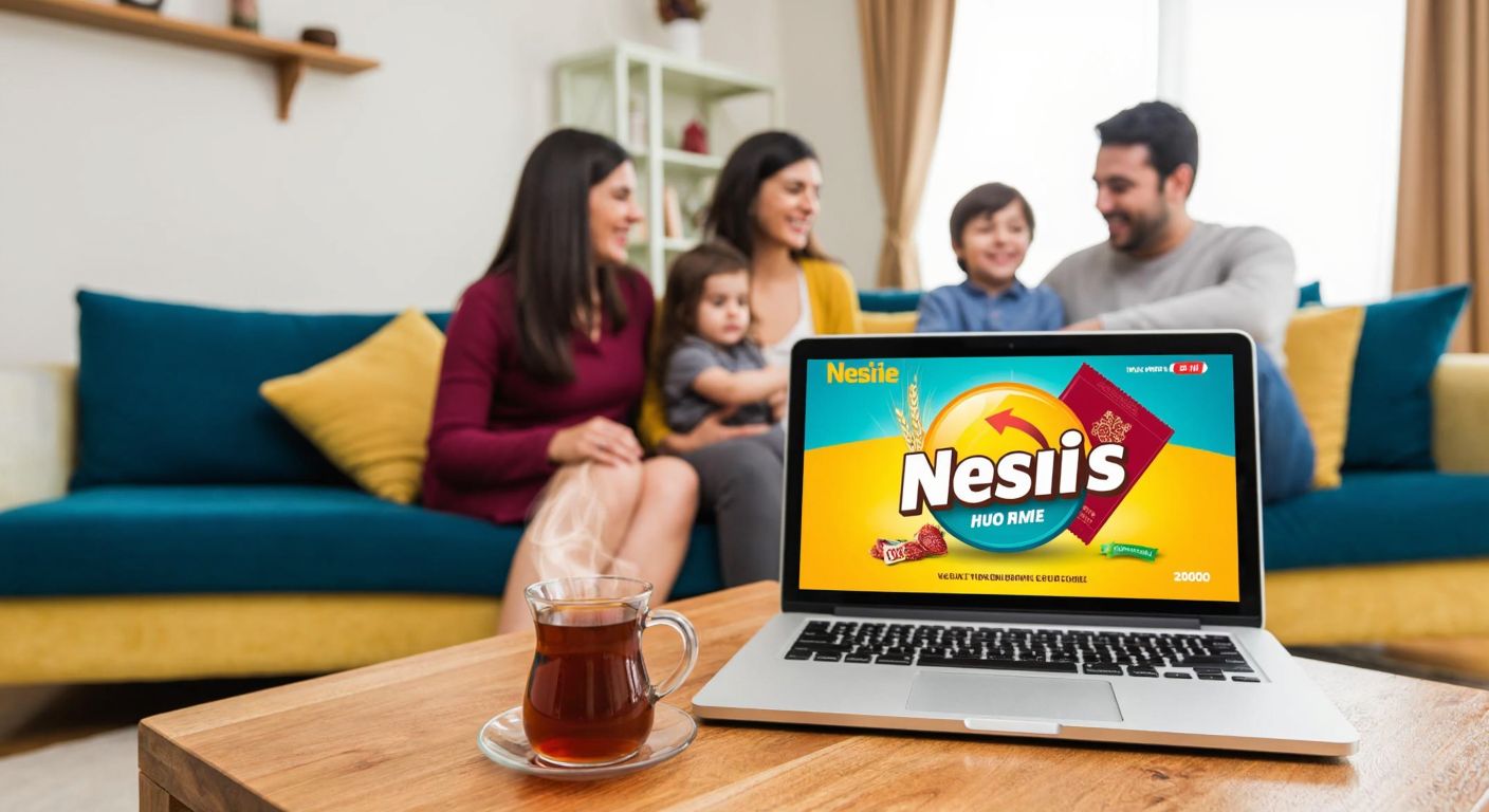A vibrant Turkish living room with a cozy sofa, a steaming cup of çay on a wooden table, and a glowing laptop screen displaying a colorful promotional banner for Nesine's home campaign, while a smiling family eagerly gathers around.