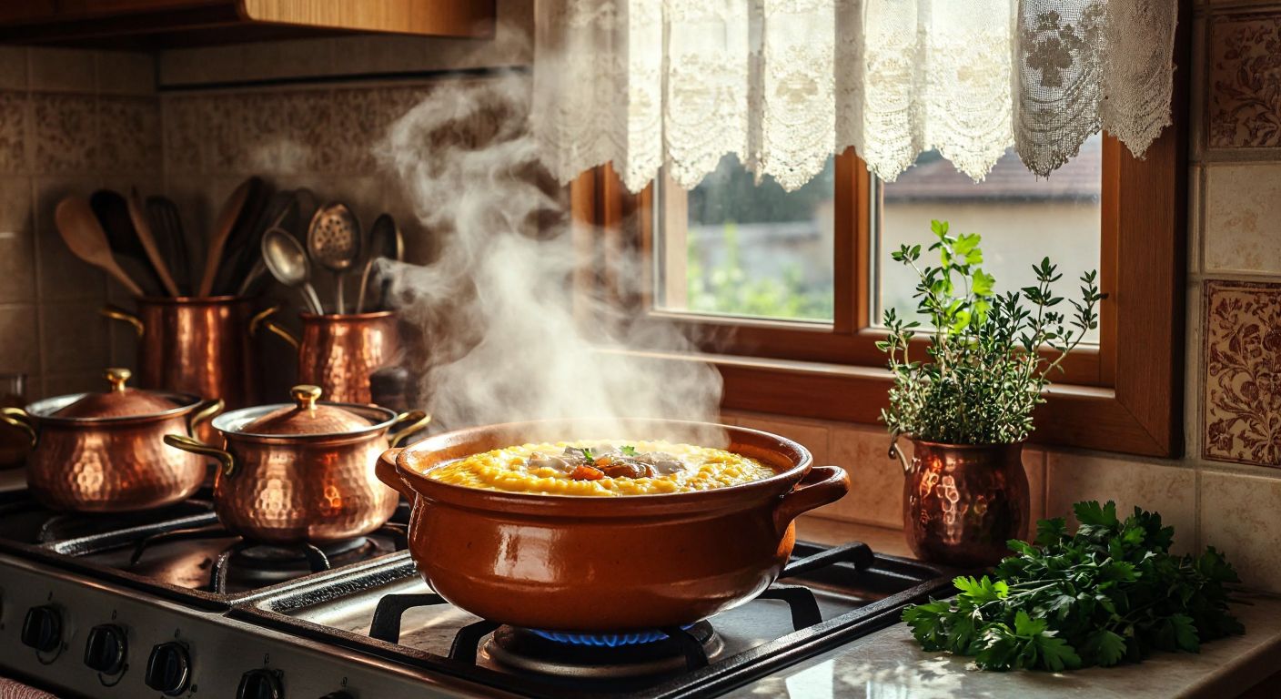 A steaming ceramic bowl of golden *keşkek* sits on a stovetop, surrounded by a cozy Turkish kitchen with copper pots and fresh herbs, as warm light filters through a lace-curtained window.