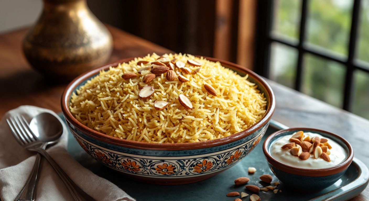 A warm, golden-yellow rice pilaf with long, thin grains glistening with butter, served in a traditional Turkish ceramic bowl alongside a small dish of creamy yogurt and sprinkled with toasted almonds.