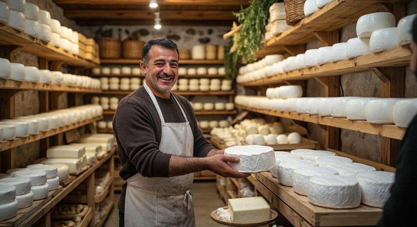 A bustling Turkish cheese shop with wooden shelves stacked with rounds of white cheese, a smiling middle-aged man in an apron (Ali Keskin) handing a wrapped cheese to a customer, the air filled with the rich aroma of dairy and spices.