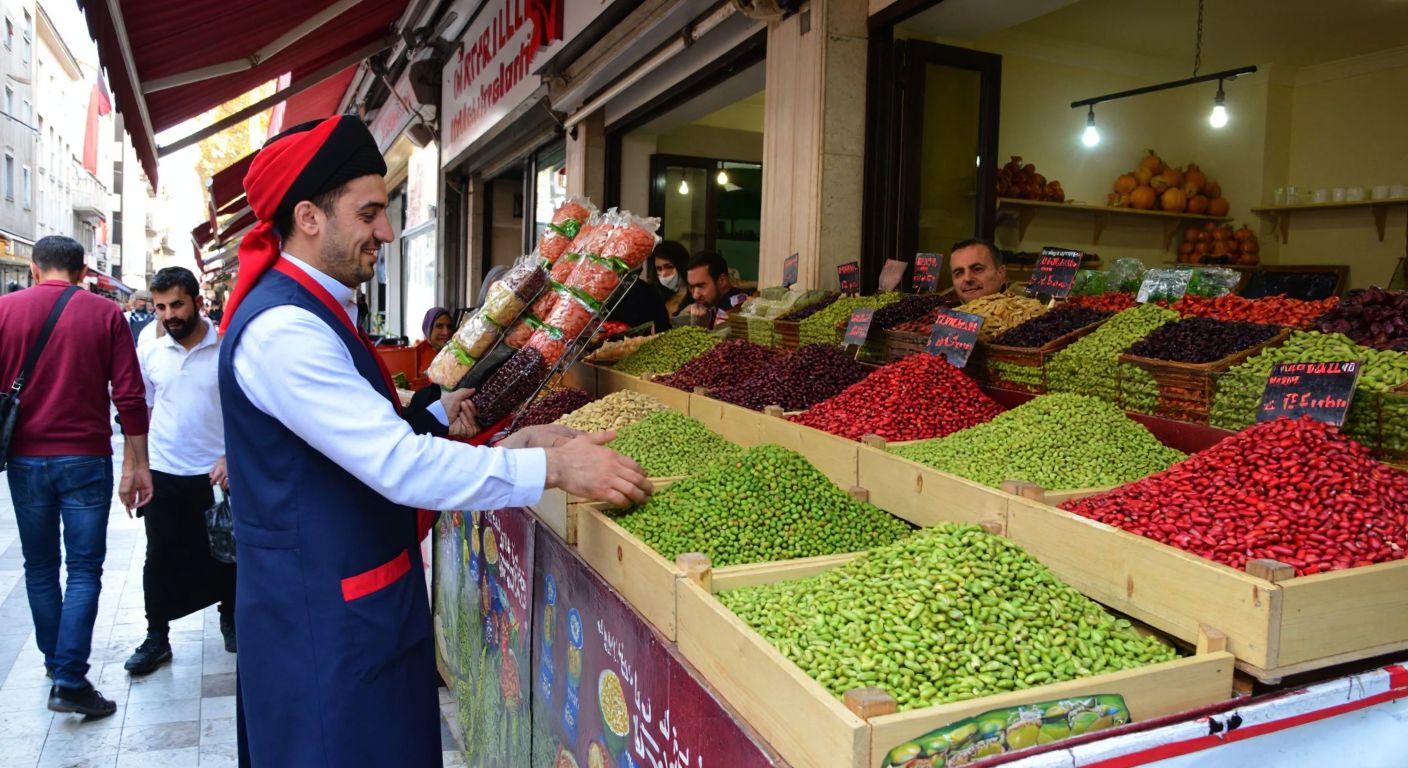 A vibrant Turkish market scene with a colorful bean promotion stand, featuring neatly arranged shelves of fresh beans, a smiling vendor in traditional attire assembling the stand, and curious customers admiring the display.