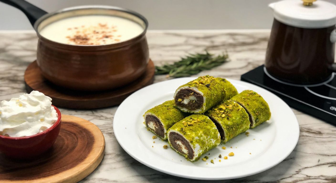 A warm Turkish kitchen with a marble countertop displaying a freshly rolled *saray sarması* dessert, dusted with coconut and pistachio, beside a steaming pot of cocoa muhallebi and a bowl of whipped cream.