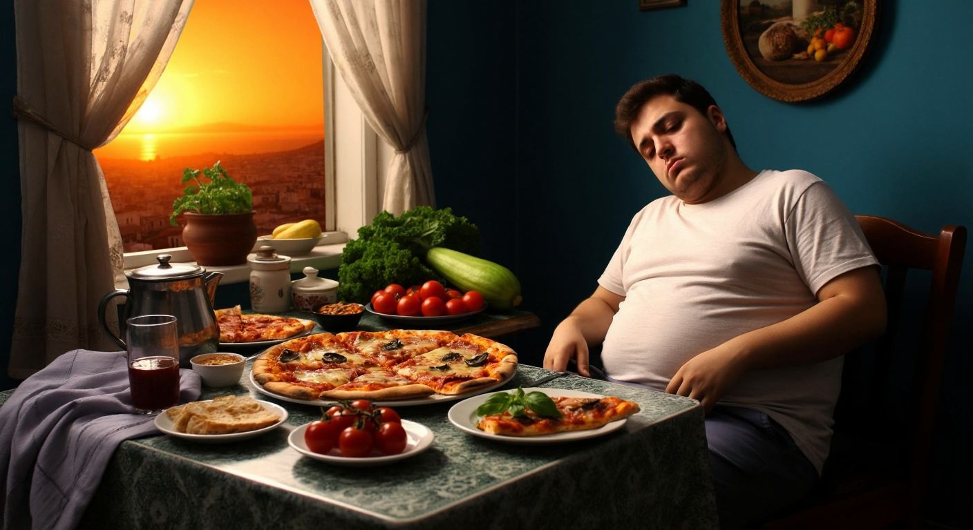 A tired-looking person with a bloated stomach sits at a Turkish breakfast table cluttered with half-eaten pizza slices, while fresh vegetables and fruits sit untouched in the background.