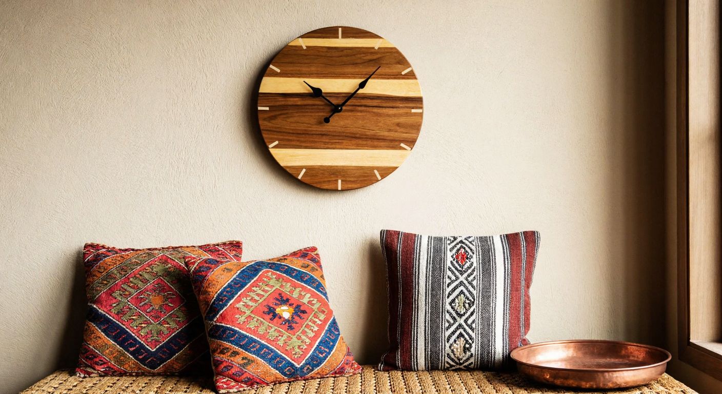 A warm, rustic wooden wall clock with a smooth grain and natural finish hangs on a textured beige wall in a cozy Turkish living room adorned with woven kilim cushions and a traditional copper tray.