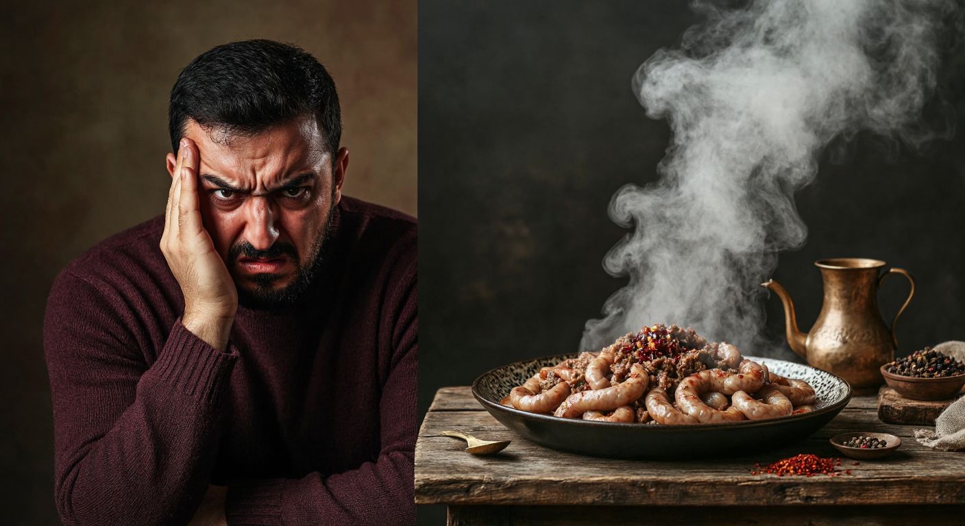 A split-image scene: on the left, a Turkish man shaking his head with a stern expression (representing "no"), and on the right, a steaming plate of Chechen *yoh* (lamb intestine dish) with spices, placed on a rustic wooden table.