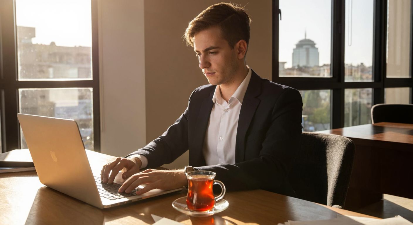 A young professional in a formal outfit sits at a wooden desk in a sunlit Ankara office, typing on a laptop with a focused expression, while a steaming cup of Turkish tea sits beside them.