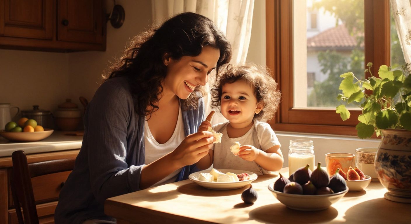 A smiling Turkish mother gently feeding her curly-haired toddler small bites of cheese, yogurt, and fruit at a sunlit wooden kitchen table with a bowl of fresh figs nearby.
