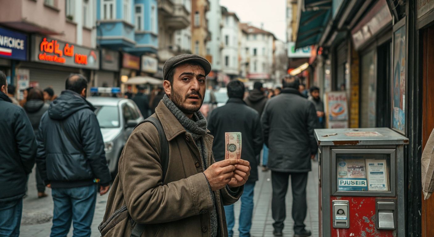 A person in a bustling Turkish street hesitates with a 100 lira banknote in hand, glancing between a nearby police station and a charity donation box, while passersby observe with curious expressions.