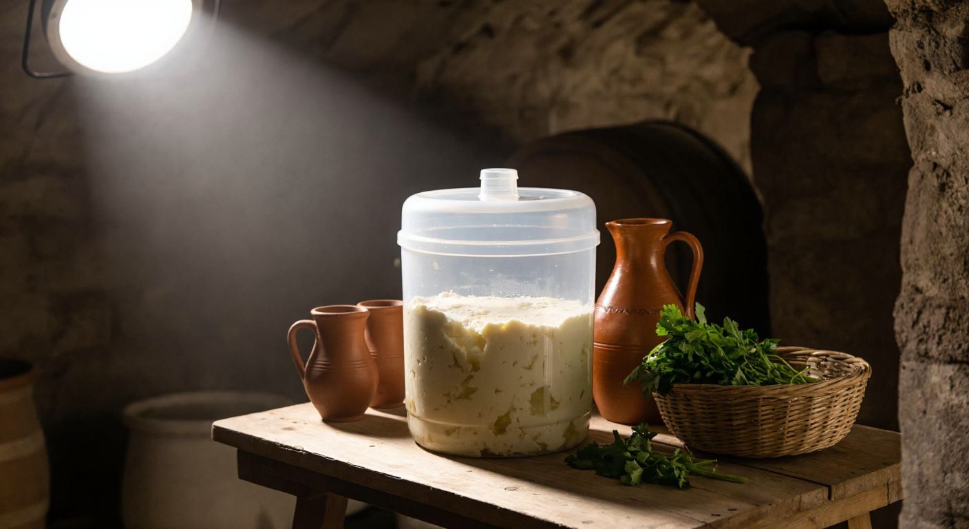 A rustic wooden table in a cool, dimly lit cellar holds a transparent plastic bidon filled with Diyarbakır lavaş cheese submerged in brine, surrounded by traditional Turkish clay jars and a woven basket of fresh herbs.