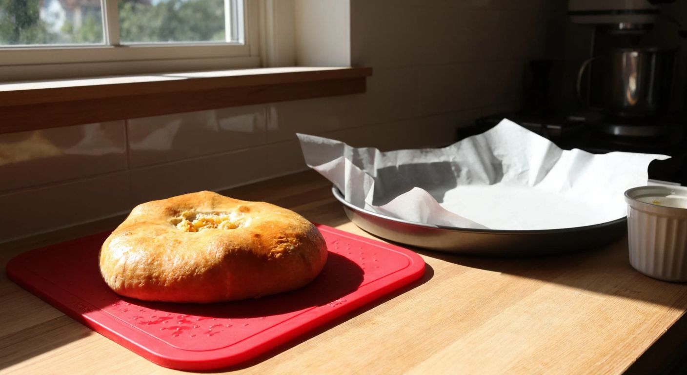 A warm Turkish kitchen with a golden-crusted pastry on a red silicone baking mat beside a crumpled parchment paper sheet, sunlight streaming through a window onto a wooden counter.