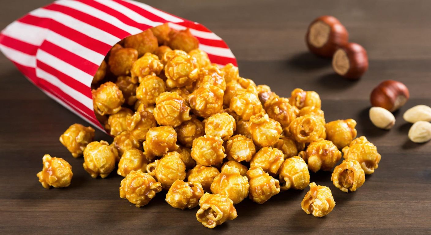 A close-up of golden, caramel-coated popcorn spilling from a red-and-white-striped bag onto a wooden table, with a few whole hazelnuts and pistachios scattered nearby.