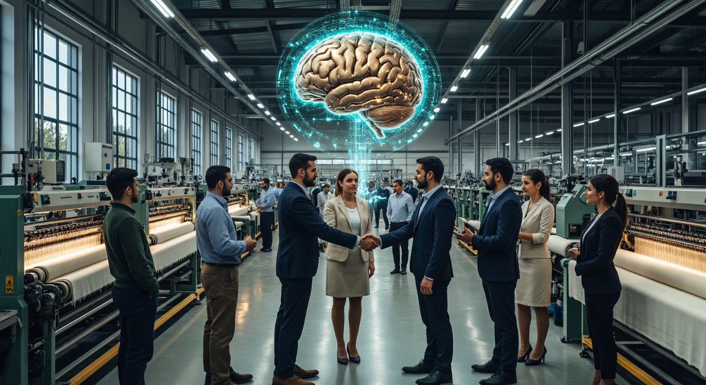 A bustling textile factory in Bursa with workers operating weaving machines, a consultant in a sleek office discussing digital strategies, farmers in a field examining crops, a diverse group of business owners shaking hands, and a glowing blockchain symbol hovering over a brain.